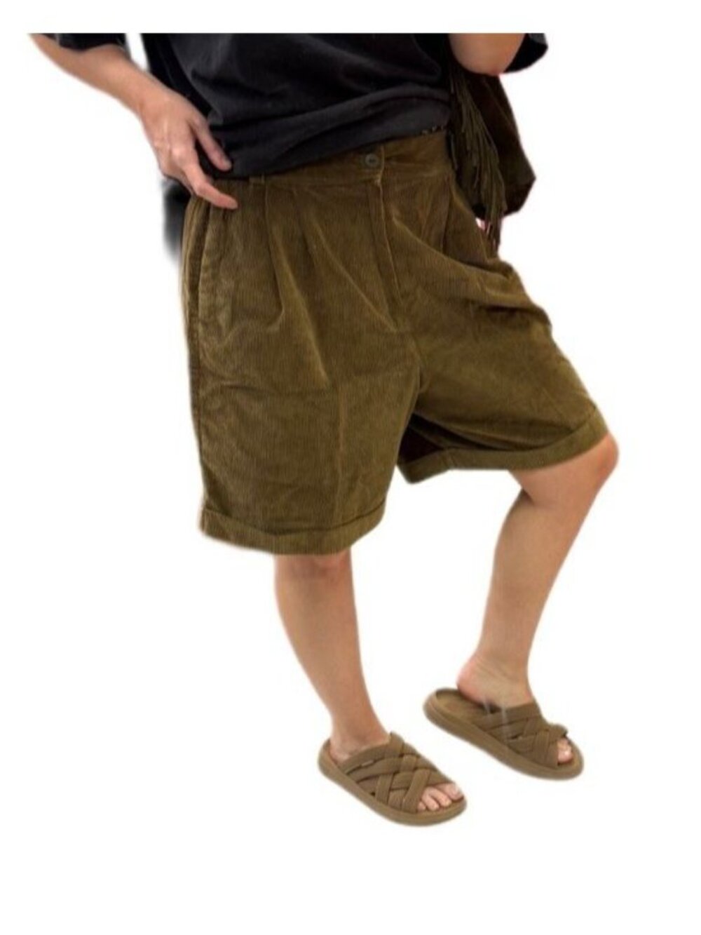 Vtg Corduroy Shorts Womens Bermuda Cuffed Relaxed Olive Brown 100% Cotton Sz M